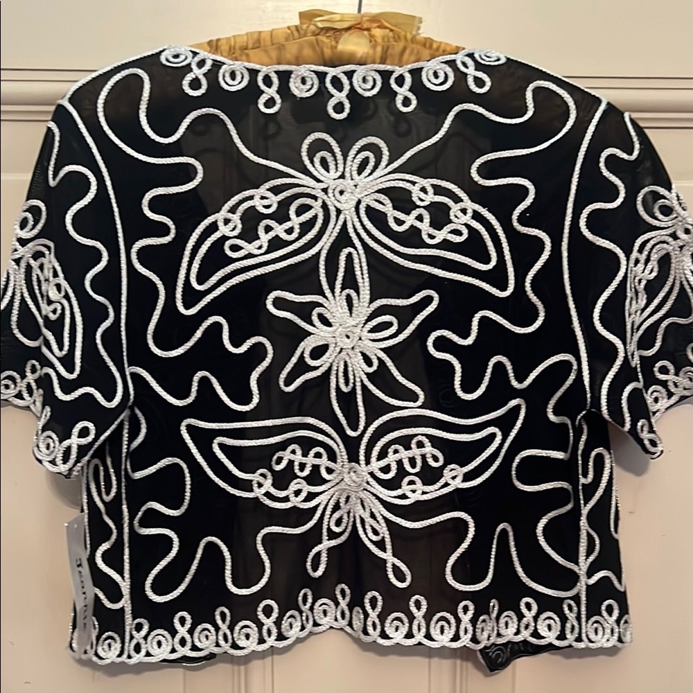 NWT Jeannie Sheer Black Bolero Formal Jacket Embellished with White Trim